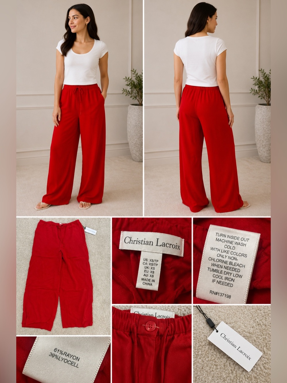 Wide Leg Red Pull-On Pants Christian Lacroix